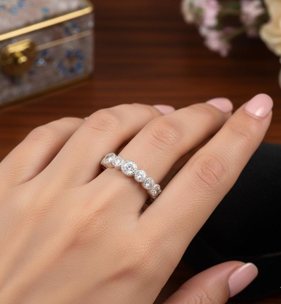 Moissanite Eternity Ring, Sterling Silver Art Deco Milgrain Wedding Band