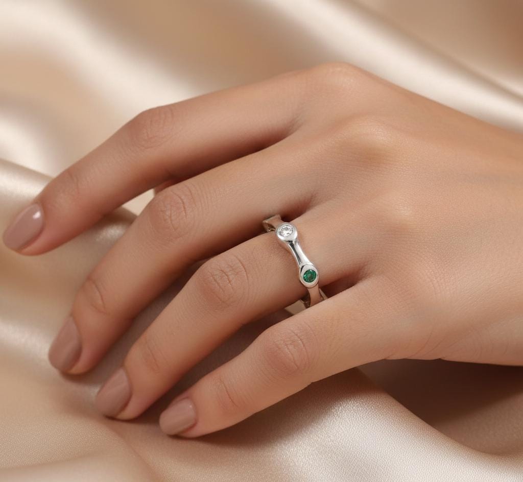 Moissanite Emerald Bezel Set Ring, Sterling Silver Branch Band