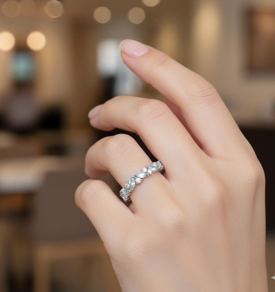 Aquamarine Wedding Band, Sterling Silver Moissanite Half Eternity Ring