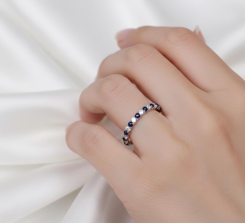 Blue Sapphire Moissanite Eternity Band, Art Deco Sterling Silver Ring