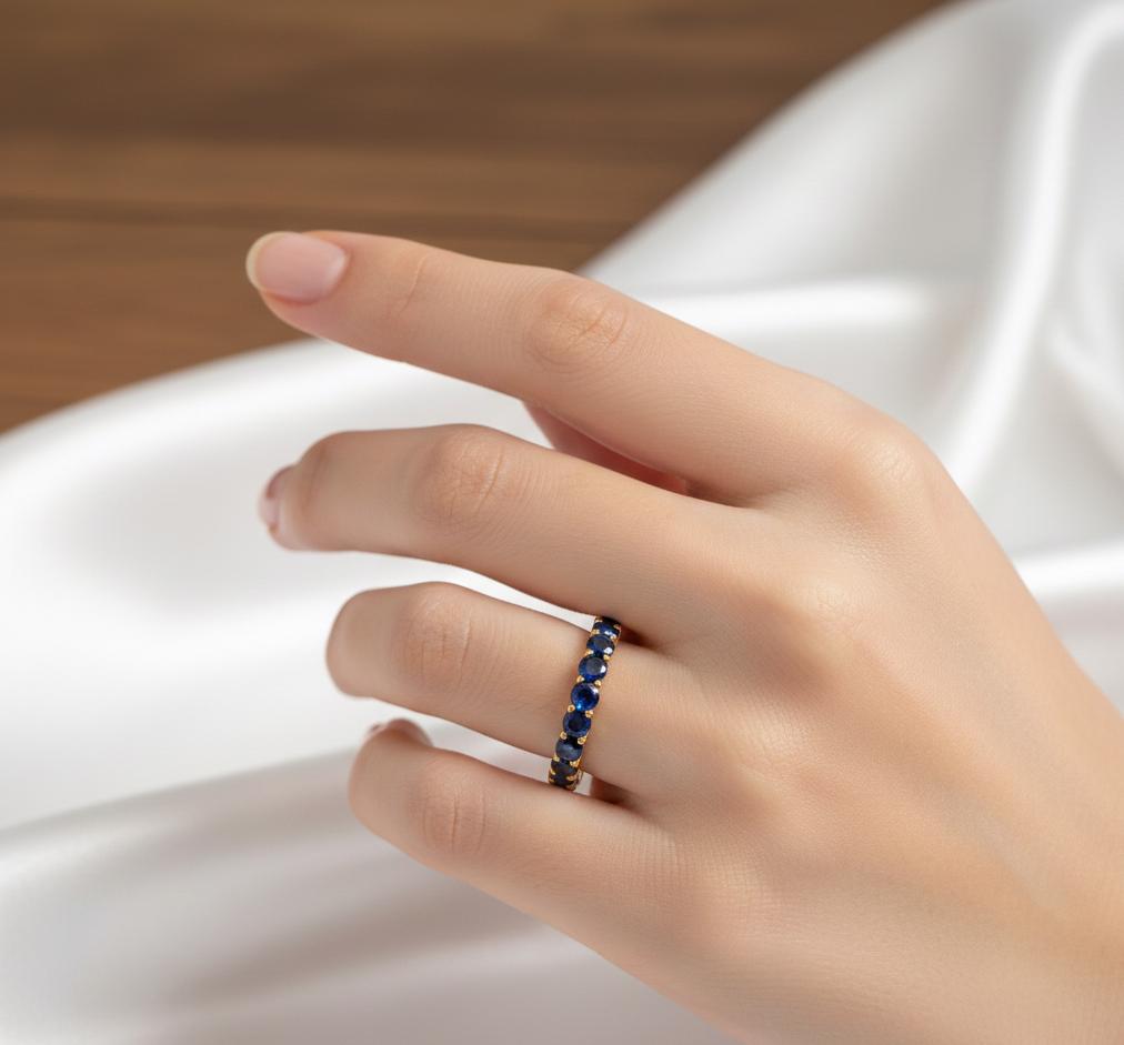 Blue Sapphire Eternity Band, 925 Sterling Silver Wedding Ring