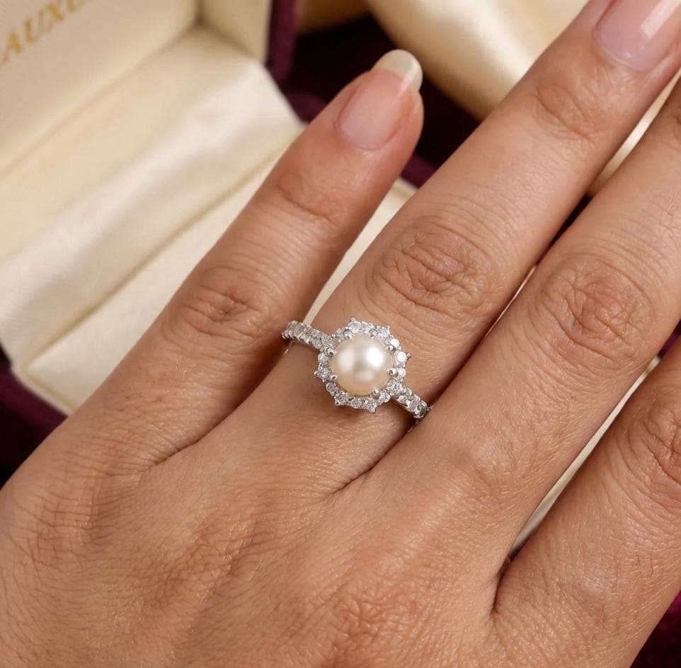 Pearl Halo Ring, Art Deco Sterling Silver, Moissanite Accents