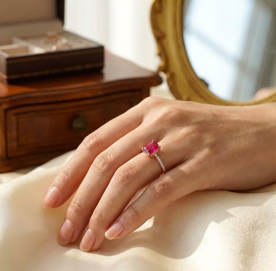 Emerald Cut Ruby Engagement Ring, 925 Sterling Silver Halo Bridal Ring