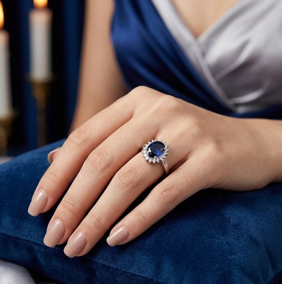 Blue Sapphire Engagement Ring, Oval Halo, Sterling Silver, Art Deco Style