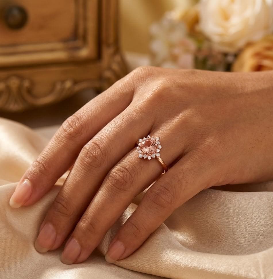 Morganite Engagement Ring, Sterling Silver Flower Halo, Art Deco Ring