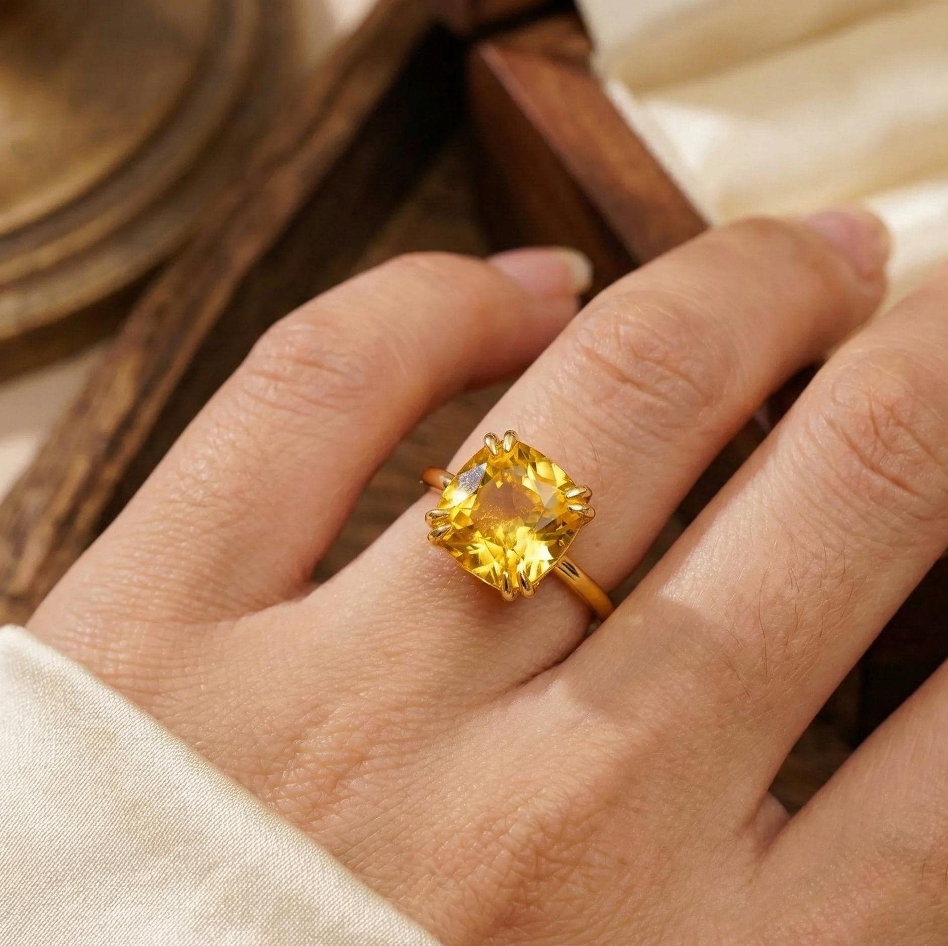 Cushion Cut Citrine Engagement Ring, 925 Sterling Silver Solitaire
