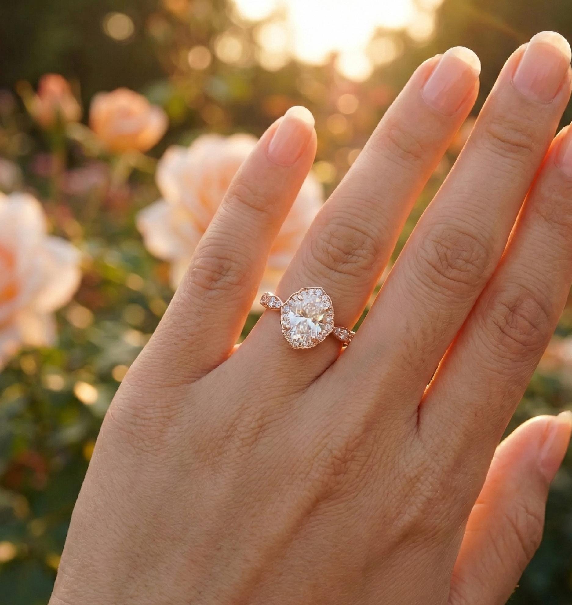 Oval Moissanite Engagement Ring, Flower Halo, Sterling Silver