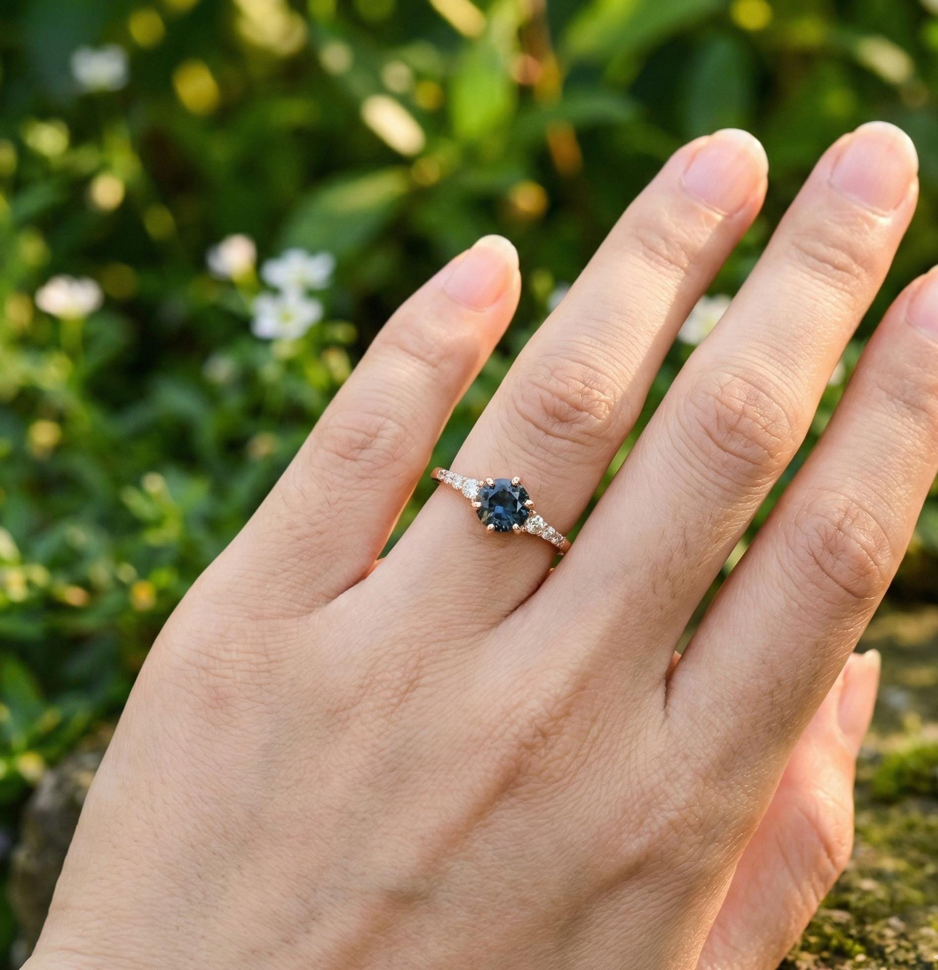 Blue Sapphire Engagement Ring, Sterling Silver Halo, Minimalist Wedding