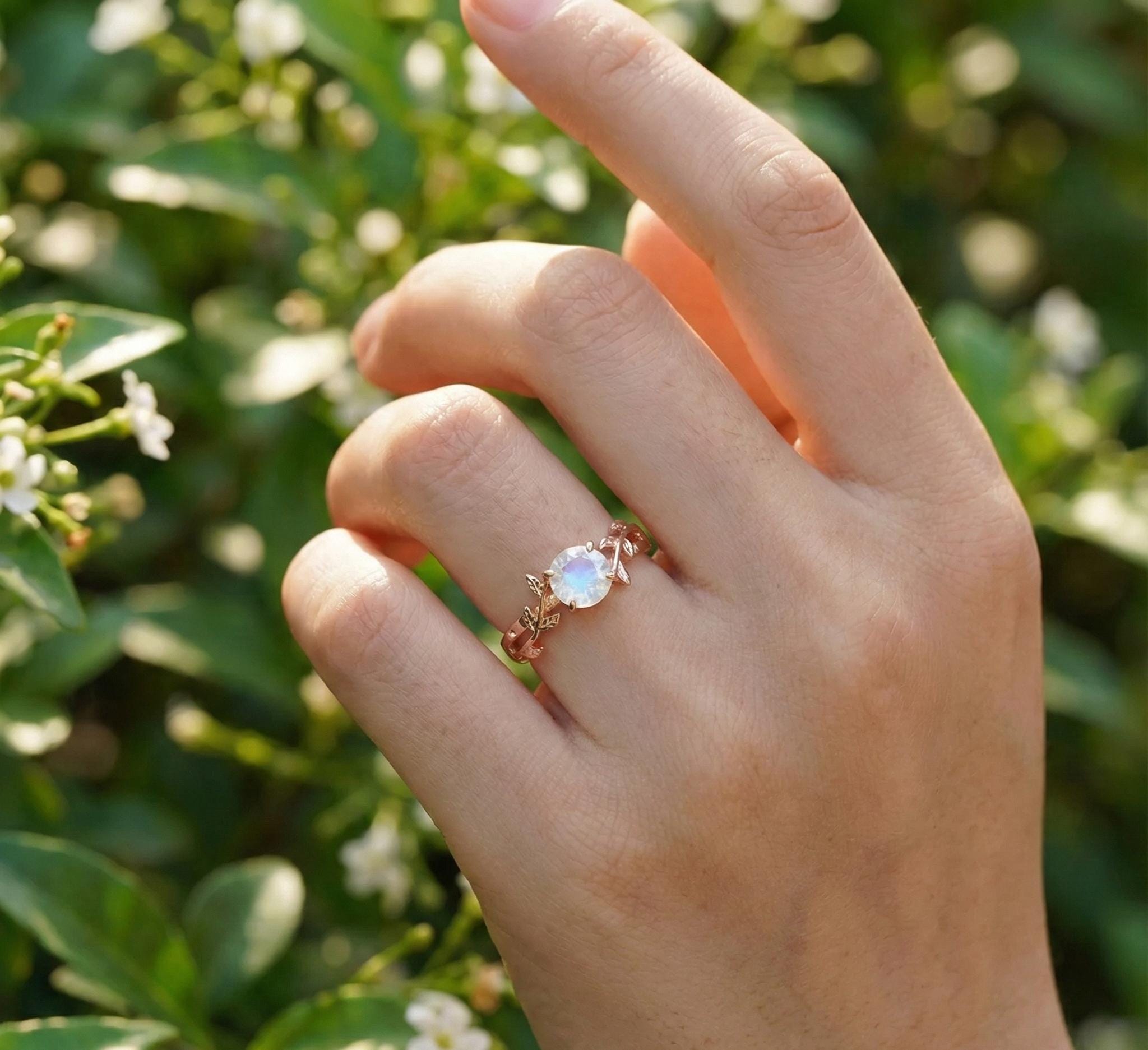 Moonstone Engagement Ring, Sterling Silver Vine Leaf Band