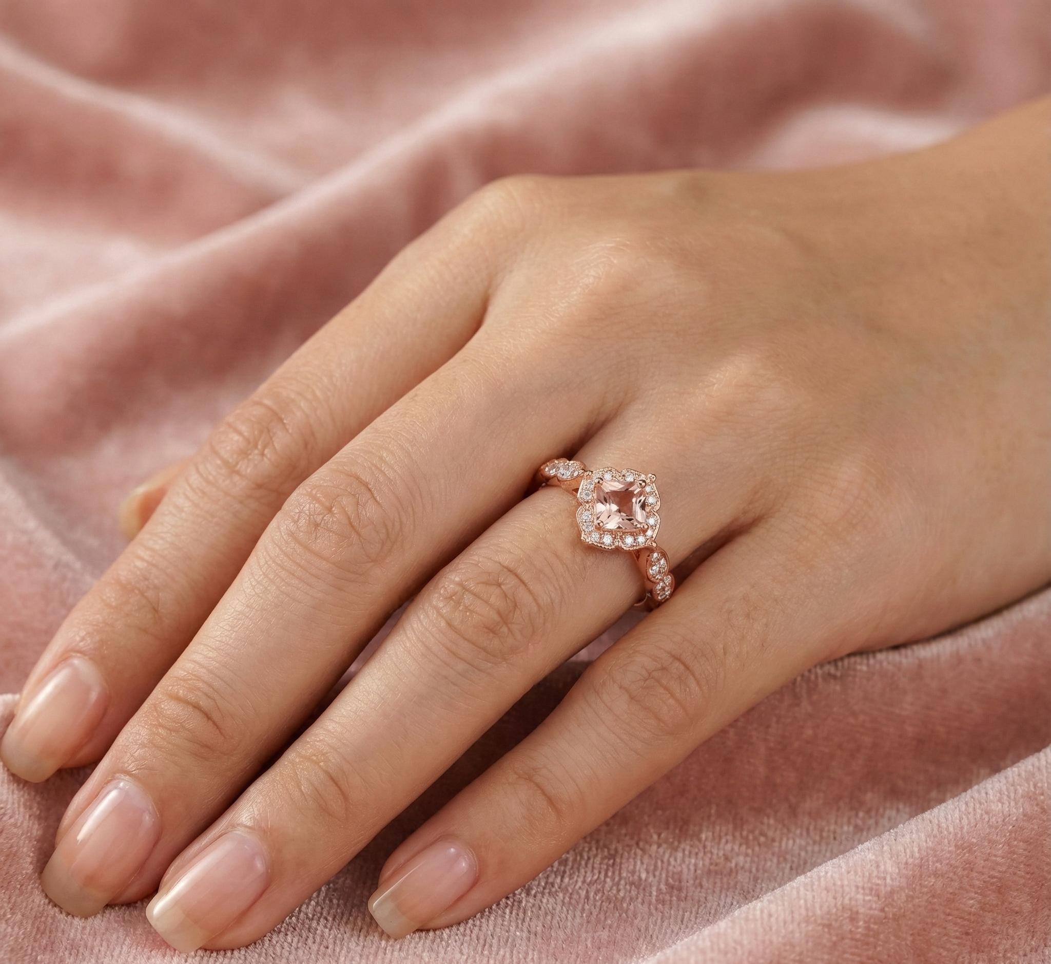 Princess Cut Peach Morganite Ring, Sterling Silver Halo Milgrain Engagement