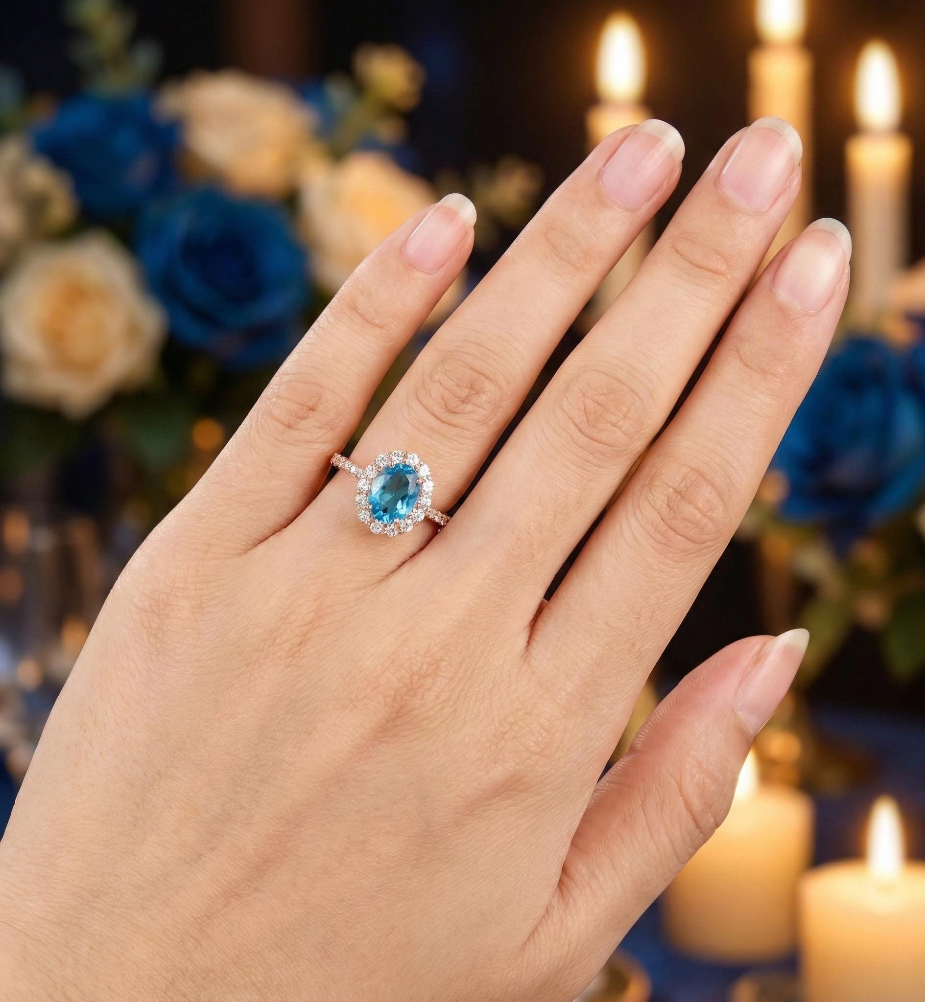 Oval Blue Topaz Engagement Ring, 925 Sterling Silver Halo Solitaire