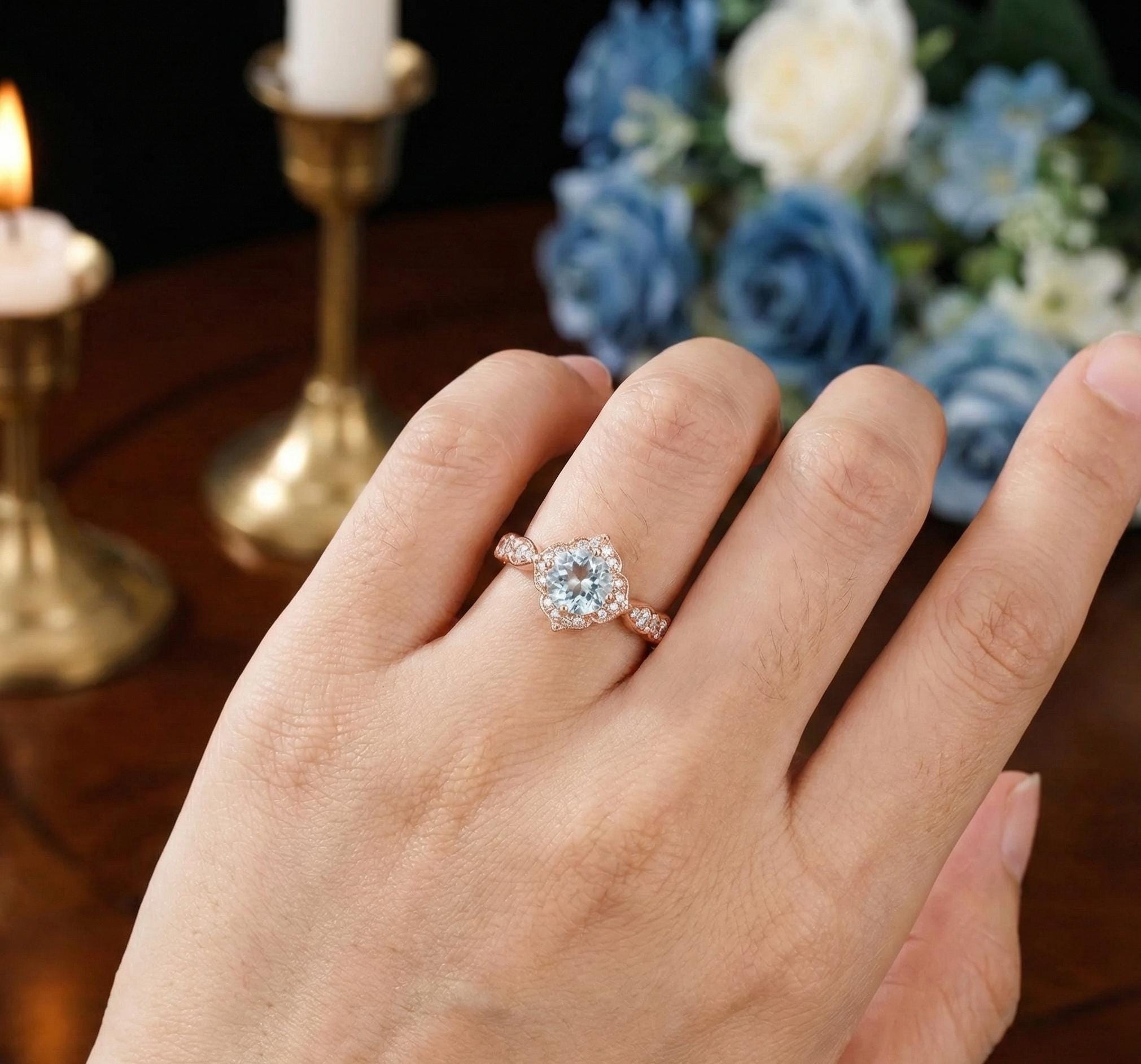 Aquamarine Ring, Sterling Silver Flower Halo, Vintage Style