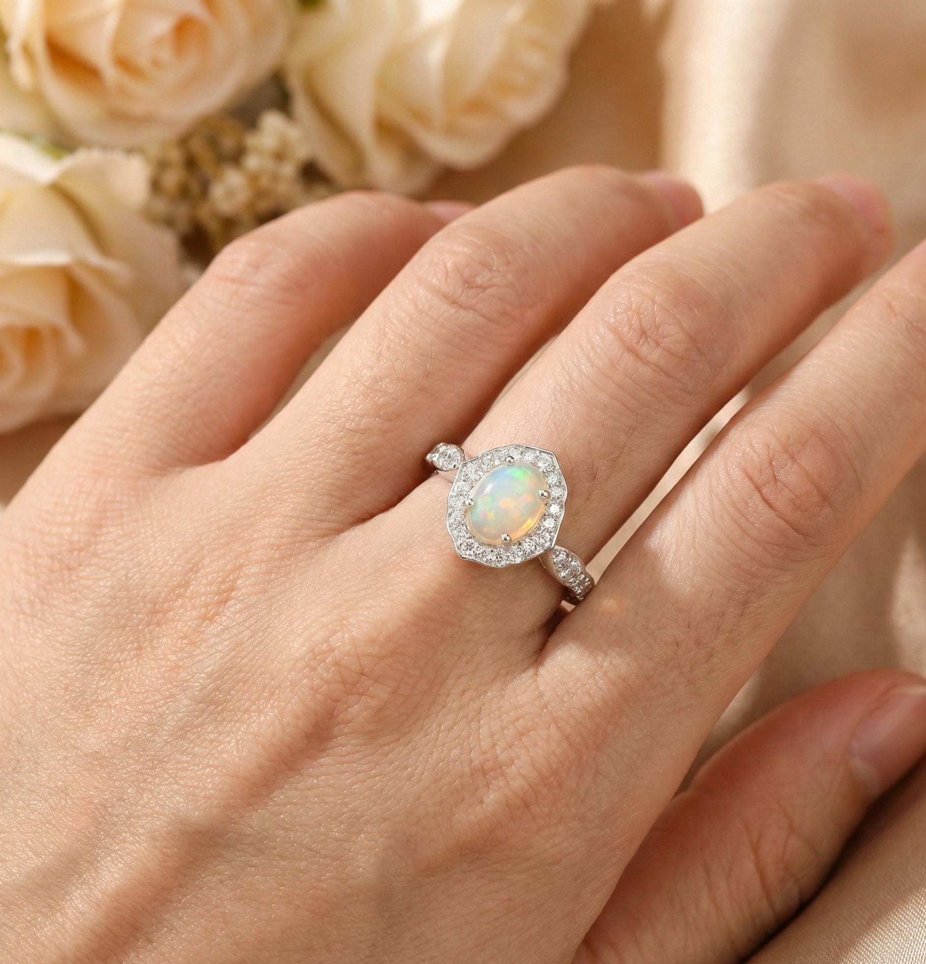 Opal Engagement Ring, Sterling Silver Flower Halo, Vintage Milgrain