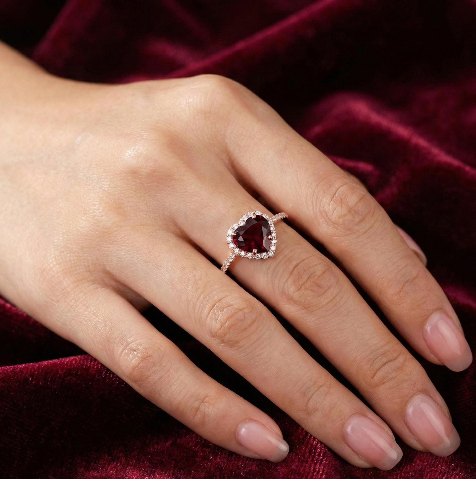 Heart Garnet Engagement Ring, 925 Sterling Silver Halo Solitaire