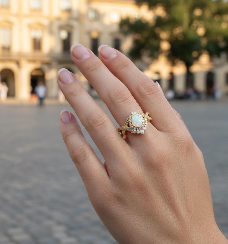 Pear Opal Engagement Ring, Sterling Silver Halo, Vintage Infinity Band
