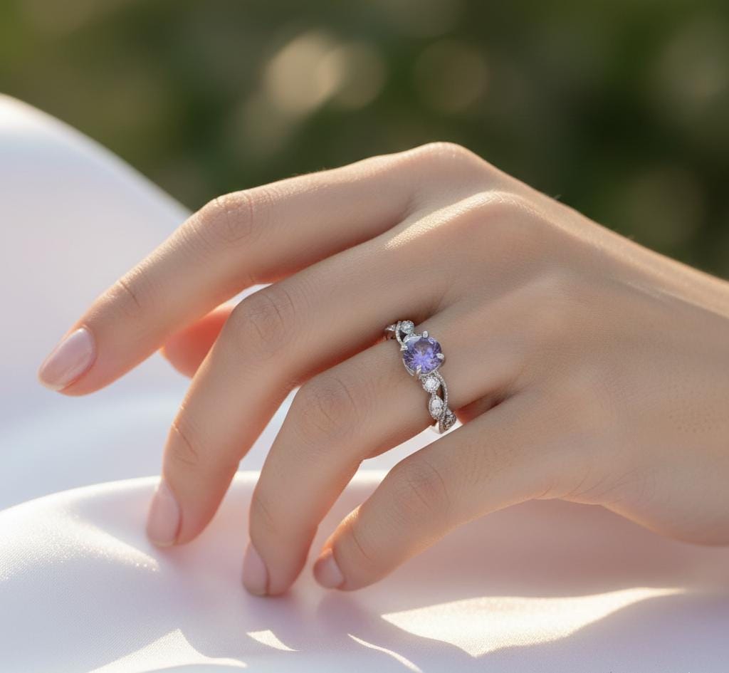 Amethyst Engagement Ring, Sterling Silver Vine Leaf, Round Solitaire