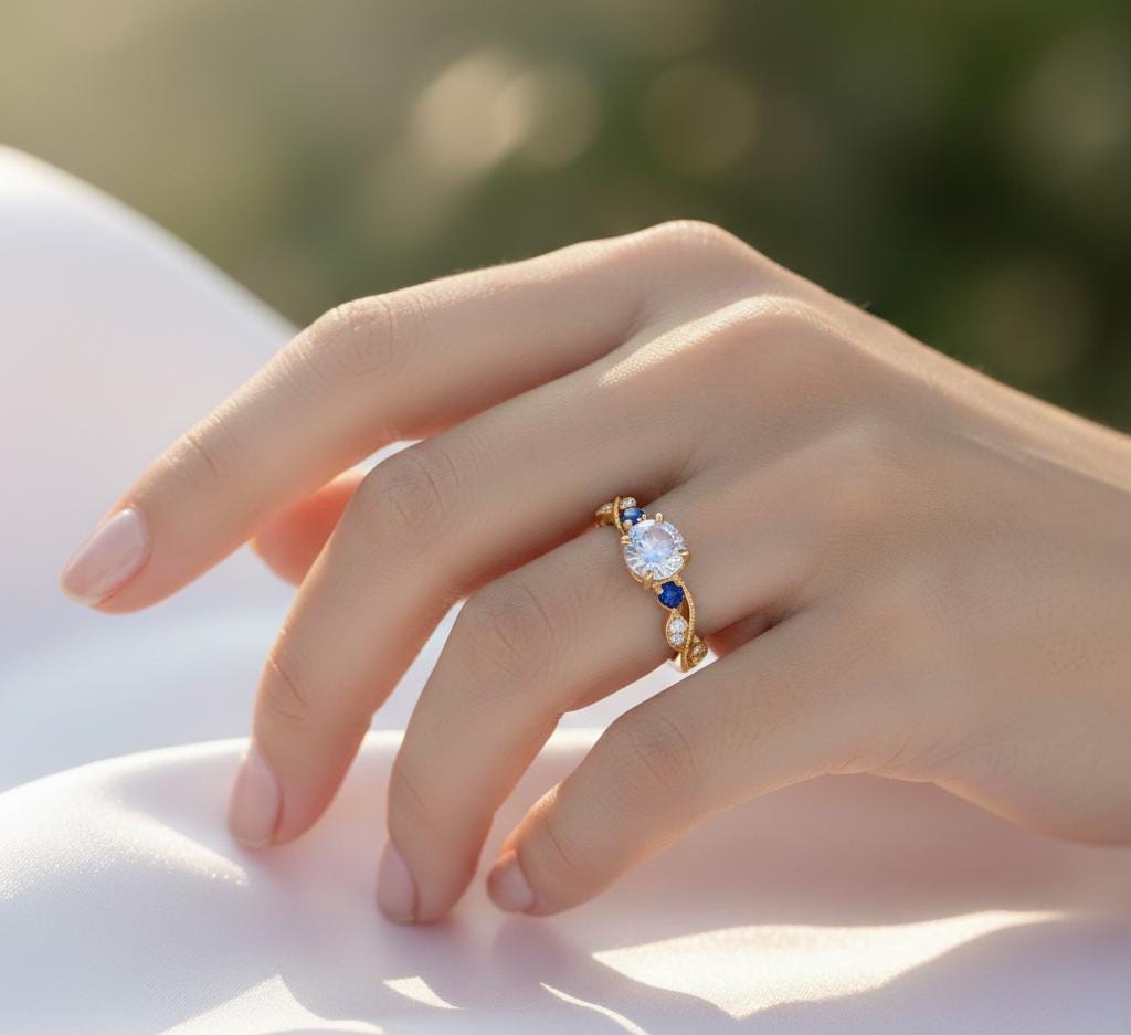Rainbow Moonstone Engagement Ring, Sterling Silver Prong Set, Sapphire Accents