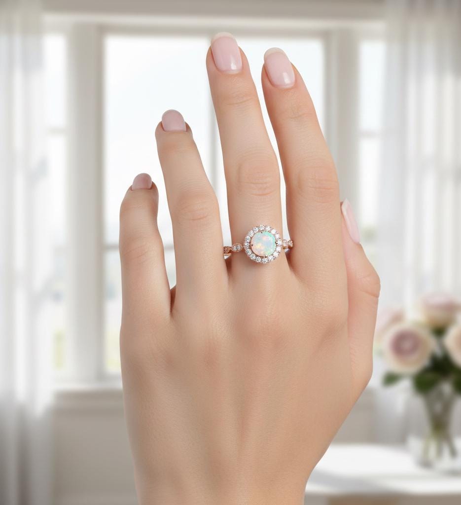 Opal Halo Sterling Silver Engagement Ring, Moissanite Pave