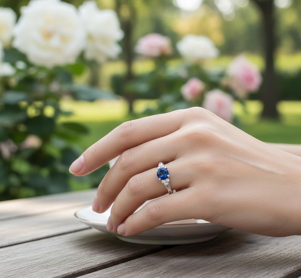 Blue Sapphire Engagement Ring, 925 Sterling Silver Infinity Band