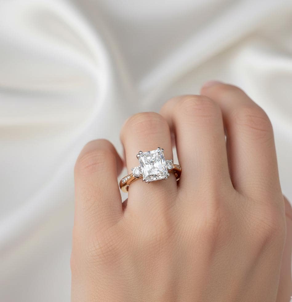 Radiant Cut Moissanite Engagement Ring, Hidden Halo, Sterling Silver