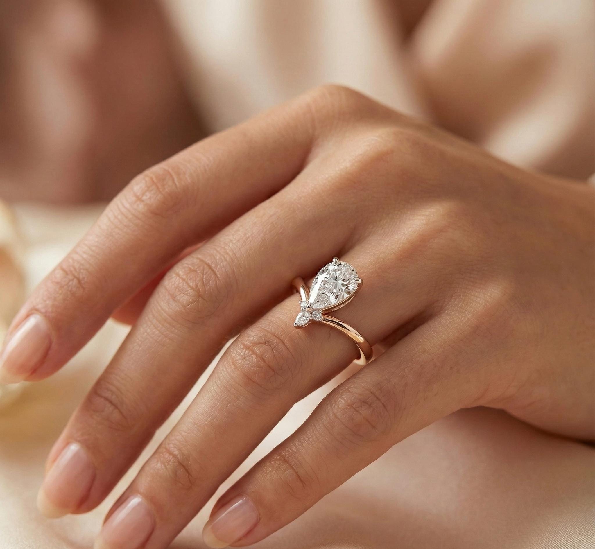 Pear Moissanite Engagement Ring, V-Shape Sterling Silver Band