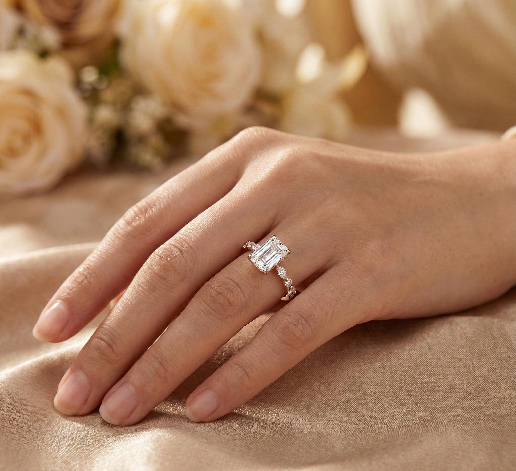 Emerald Cut Moissanite Engagement Ring, Sterling Silver, Hidden Halo Marquise Eternity