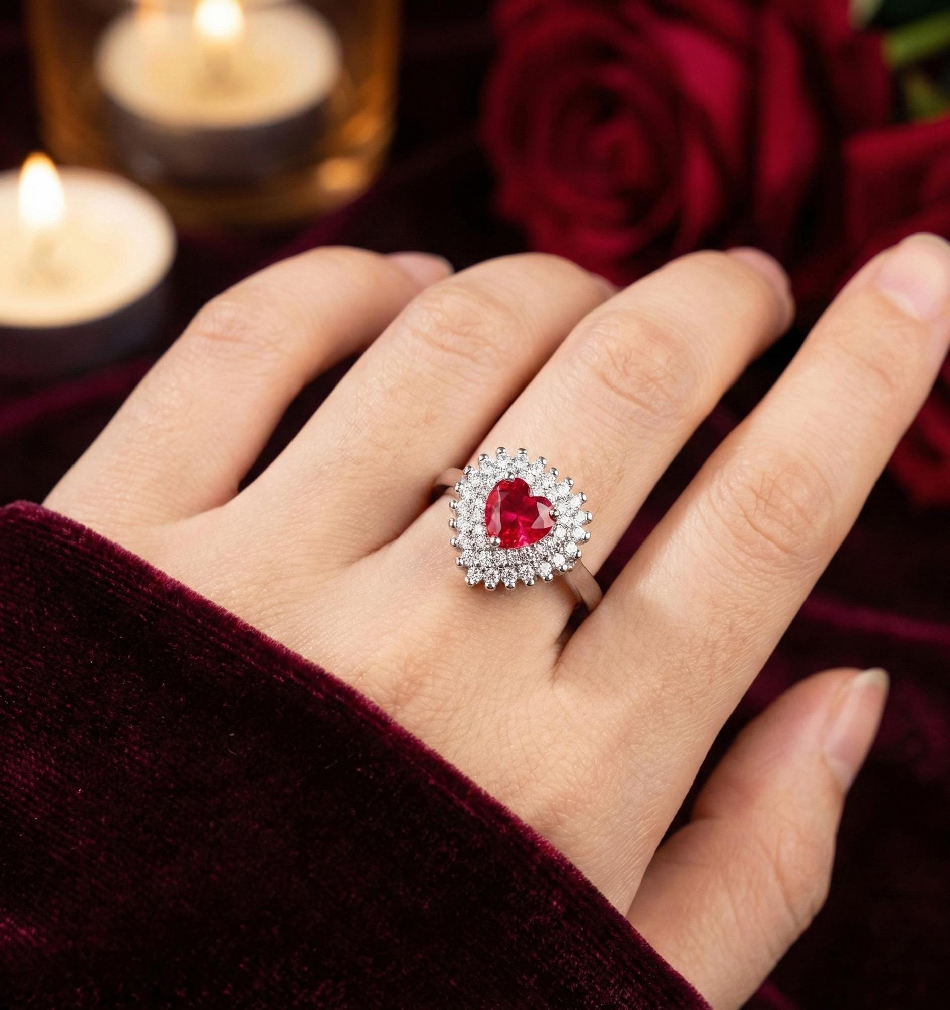 Heart Ruby Engagement Ring, Double Halo, Sterling Silver