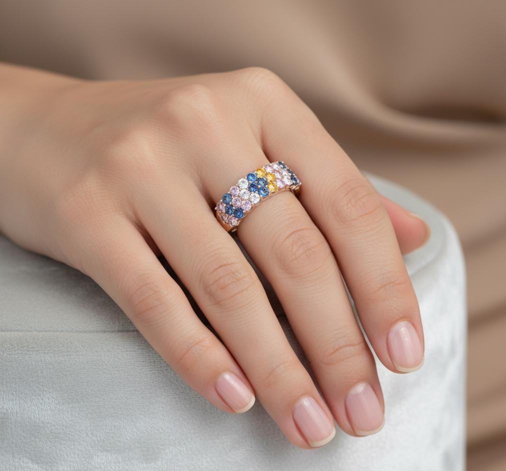Sterling Silver Rainbow CZ Band, Delicate Eternity Anniversary Ring