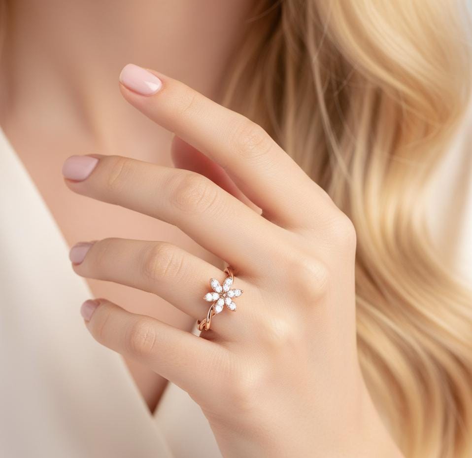 Flower Diamond Ring For Women Minimalist Floral Nature Inspired Statement Delicate Proposal Ring