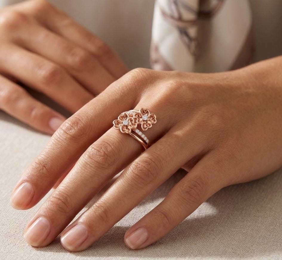 Floral Moissanite Ring, Sterling Silver Nature Inspired Statement Band