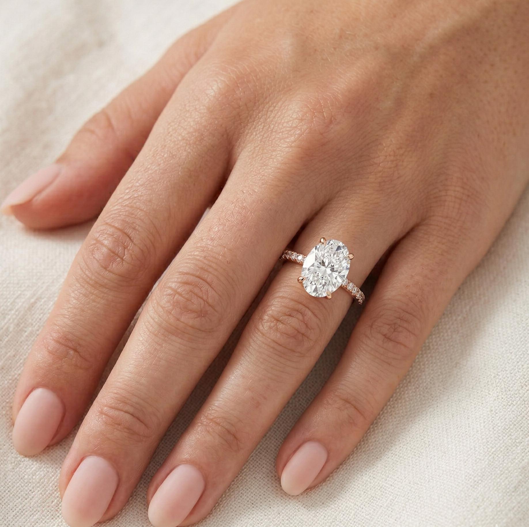 Oval Moissanite Engagement Ring, Rose Gold Plated Sterling Silver, Minimalist Bridal Band