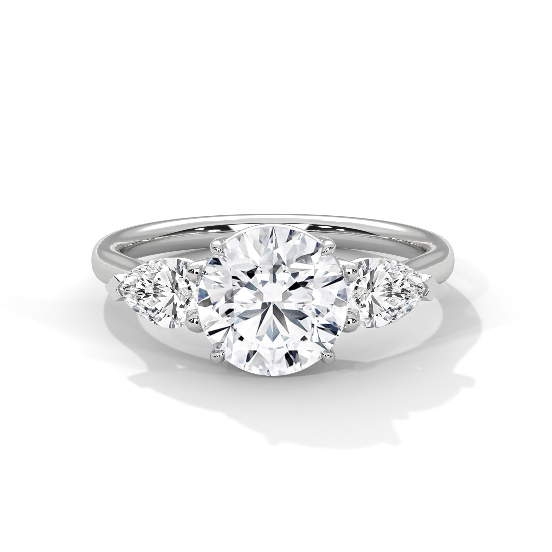 Round Cut Moissanite Engagement Ring, 3 Stone Pear Accents, Sterling Silver Wedding Band