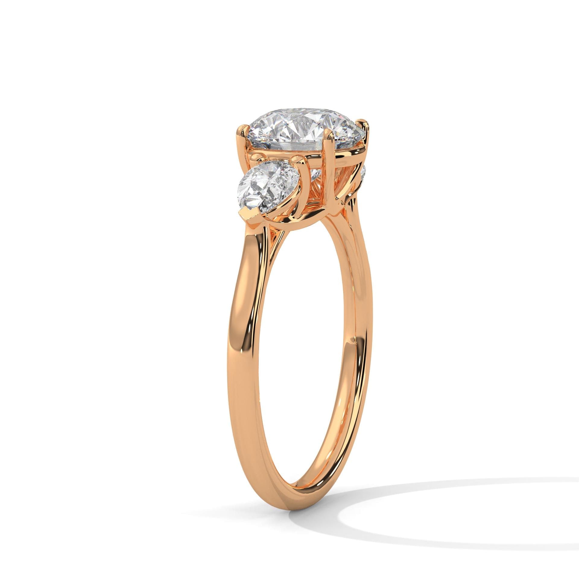 Round Cut Moissanite Engagement Ring, 3 Stone Pear Accents, Sterling Silver Wedding Band