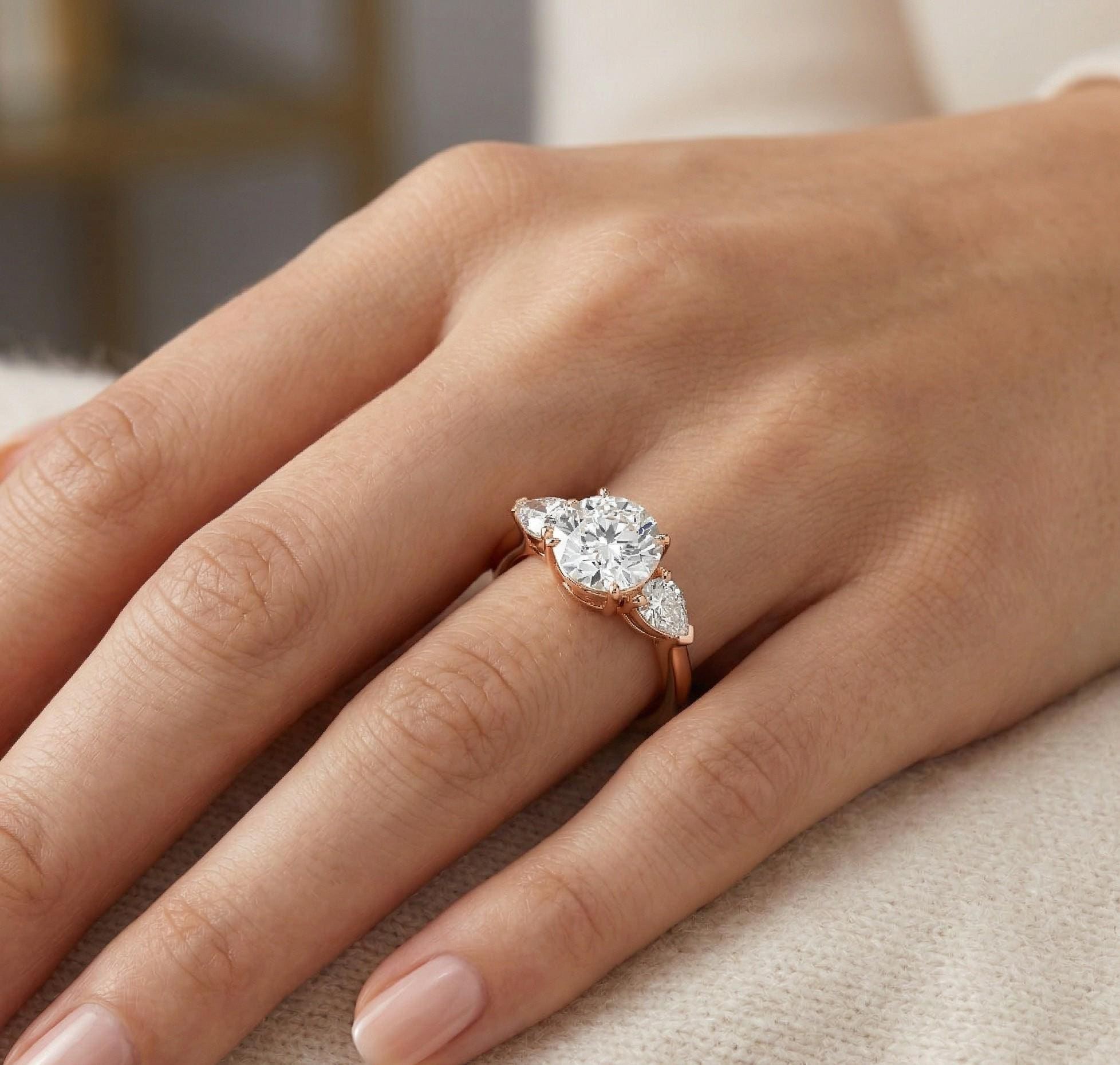 Round Cut Moissanite Engagement Ring, 3 Stone Pear Accents, Sterling Silver Wedding Band