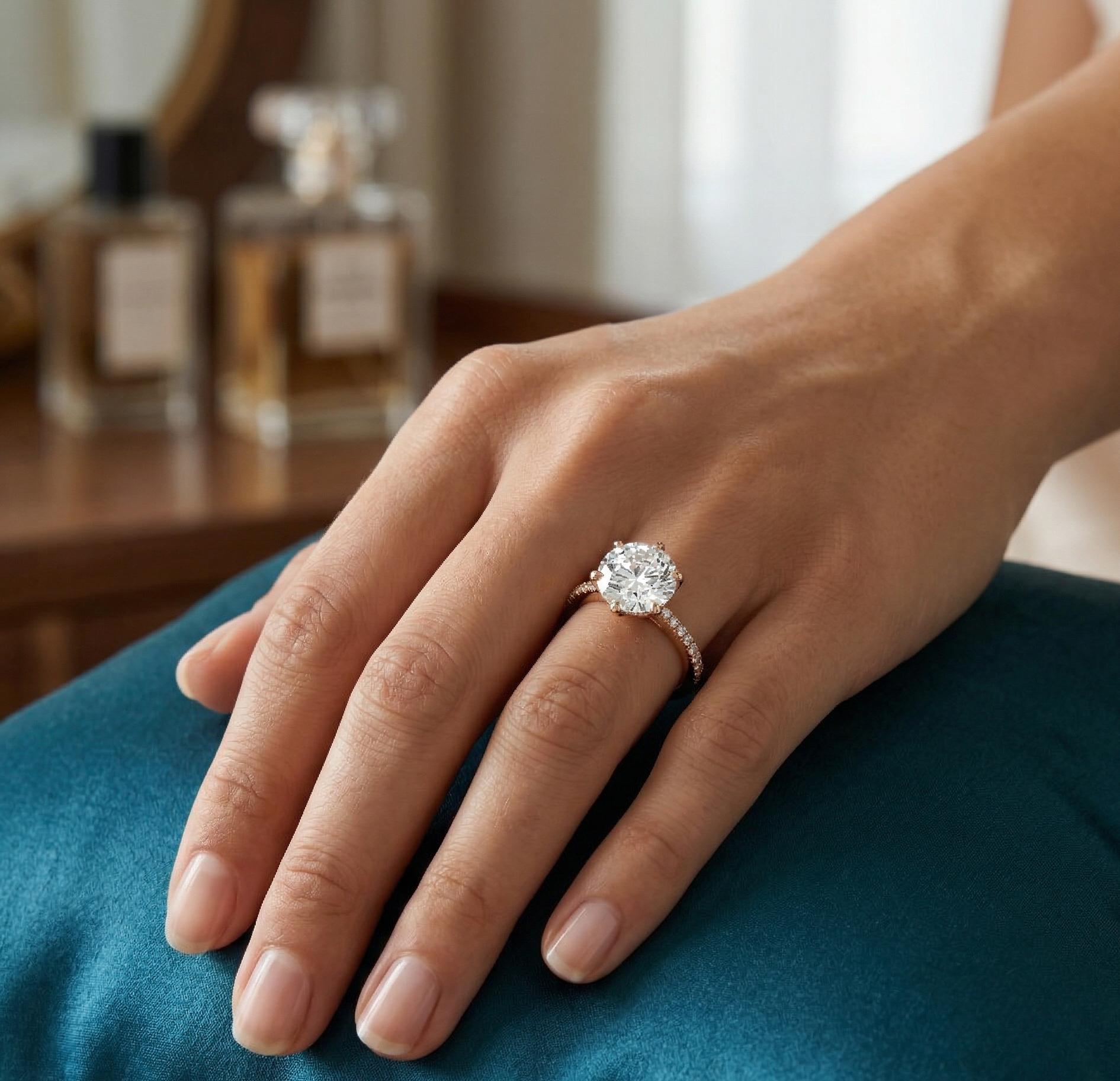 Round Cut Moissanite Engagement Ring, Sterling Silver Statement Wedding Band