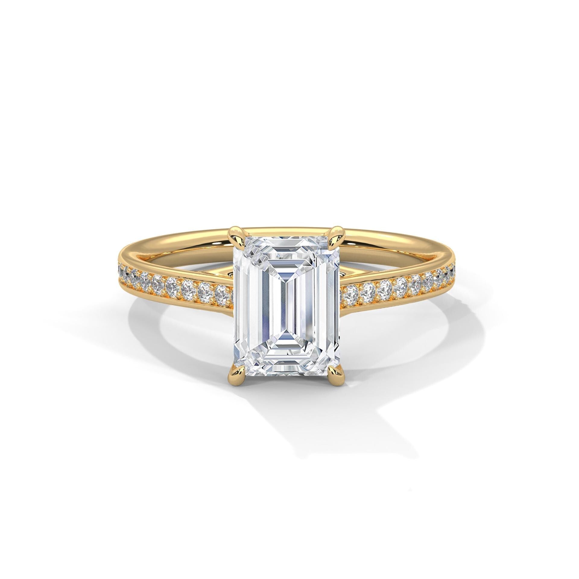 Emerald Cut Moissanite Engagement Ring, Pave Set Sterling Silver Wedding Band