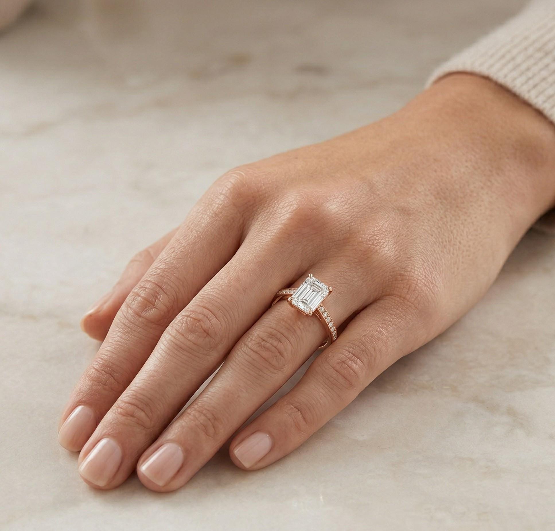 Emerald Cut Moissanite Engagement Ring, Pave Set Sterling Silver Wedding Band