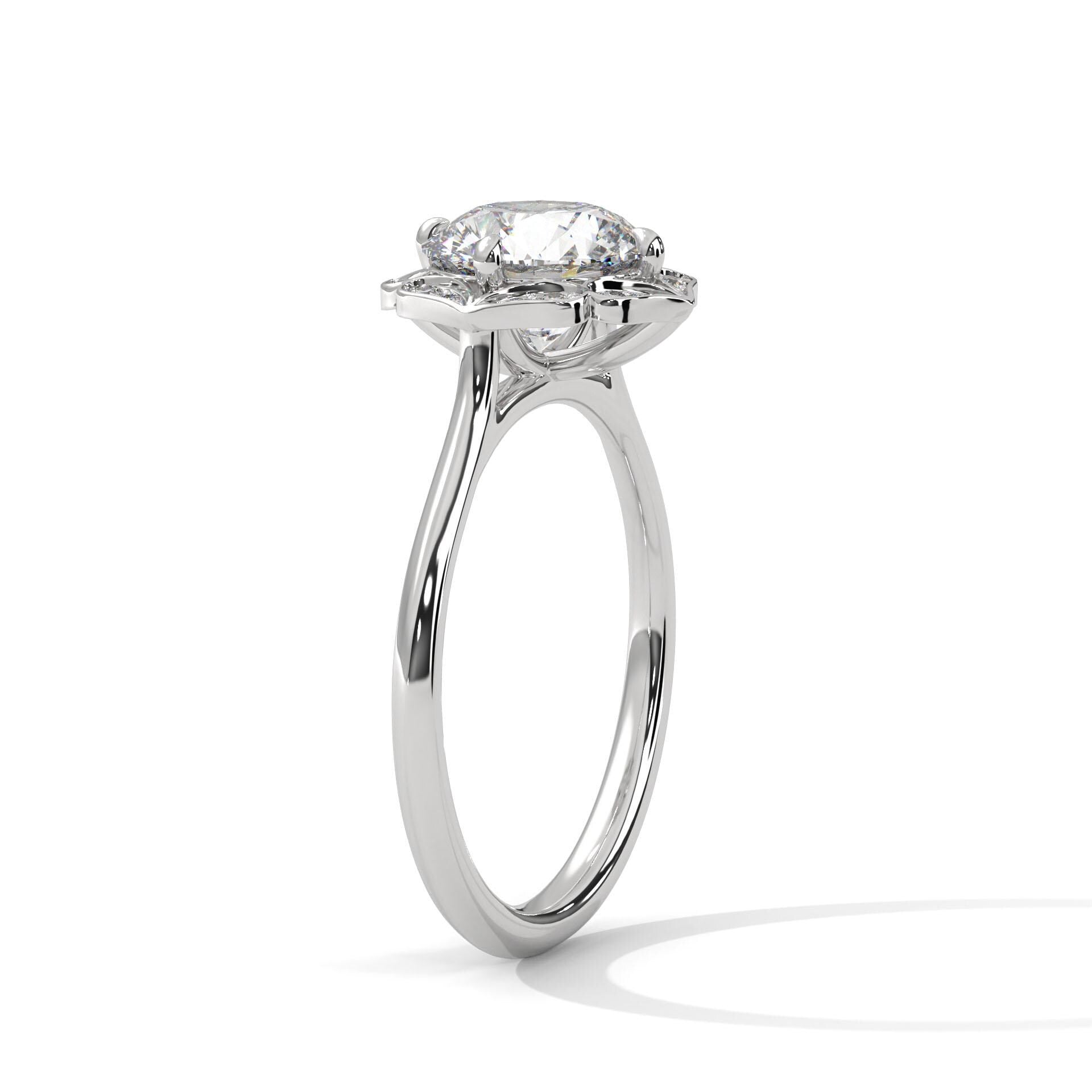 Art Deco Moissanite Engagement Ring, Round Halo Wedding Band, Sterling Silver Floral Anniversary