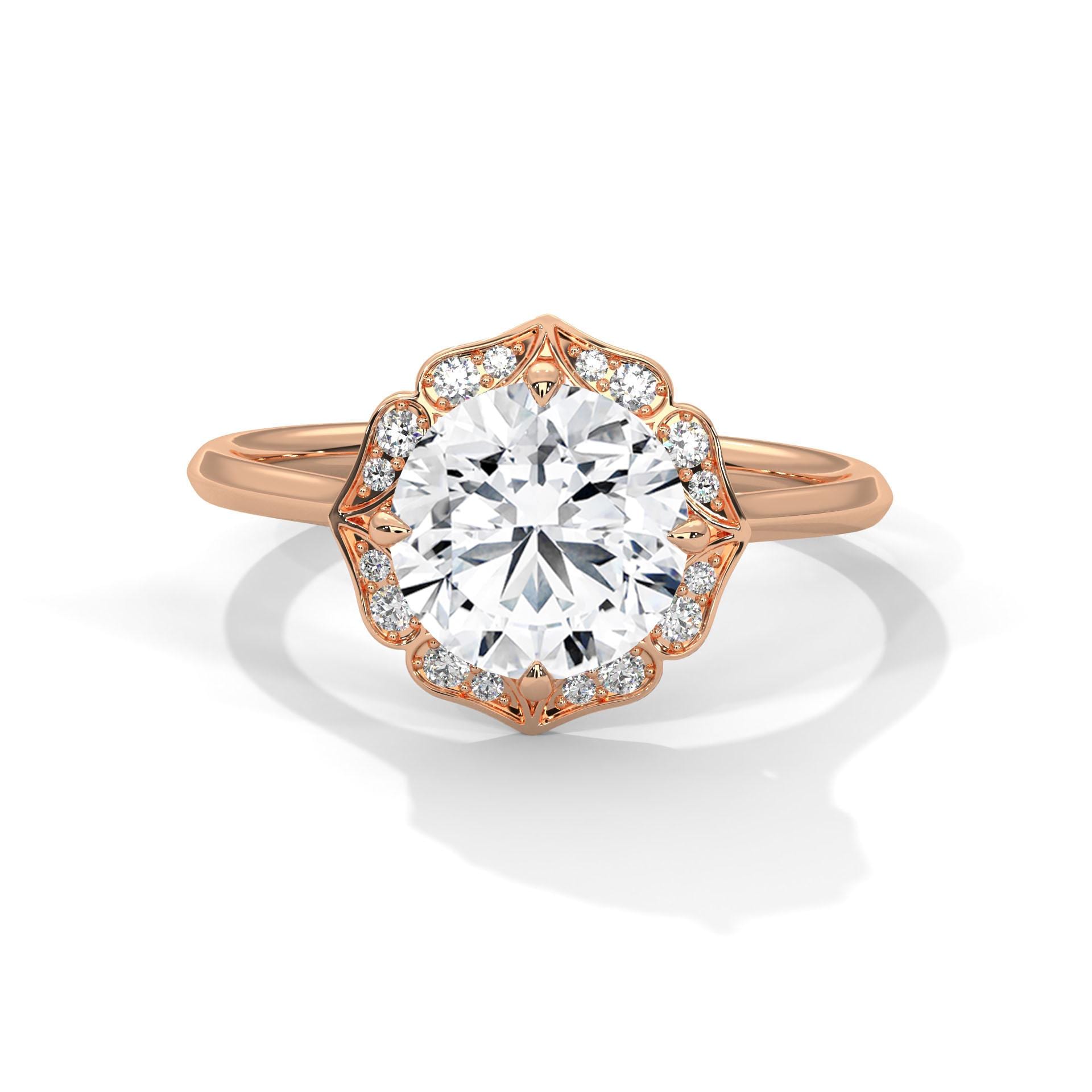 Art Deco Moissanite Engagement Ring, Round Halo Wedding Band, Sterling Silver Floral Anniversary
