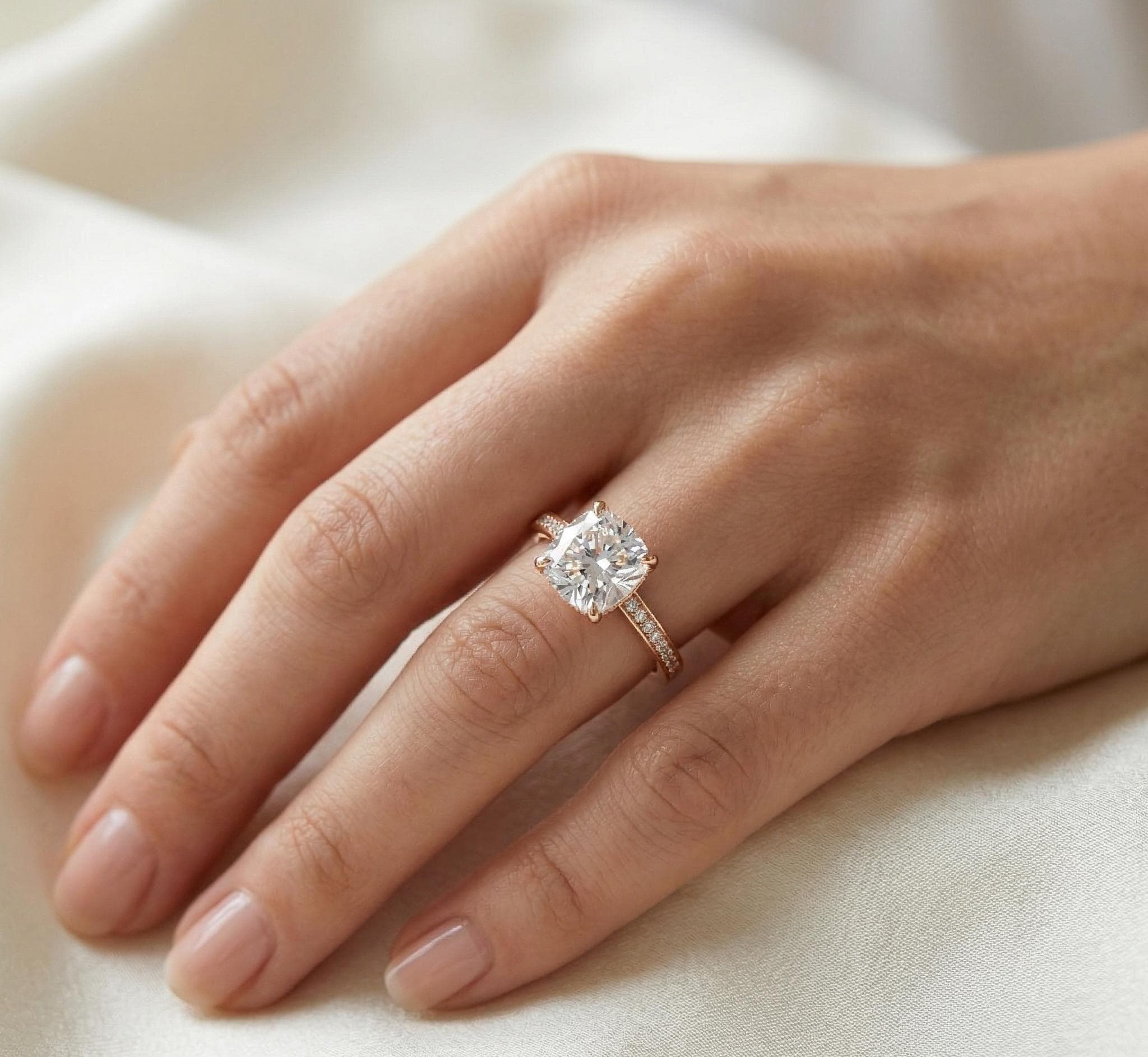 Cushion Cut Moissanite Engagement Ring, Sterling Silver Pave Halo Wedding Band, Anniversary Statement Ring