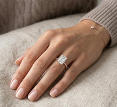 Emerald Cut Moissanite Engagement Ring, 925 Sterling Silver, Hidden Halo Statement Ring