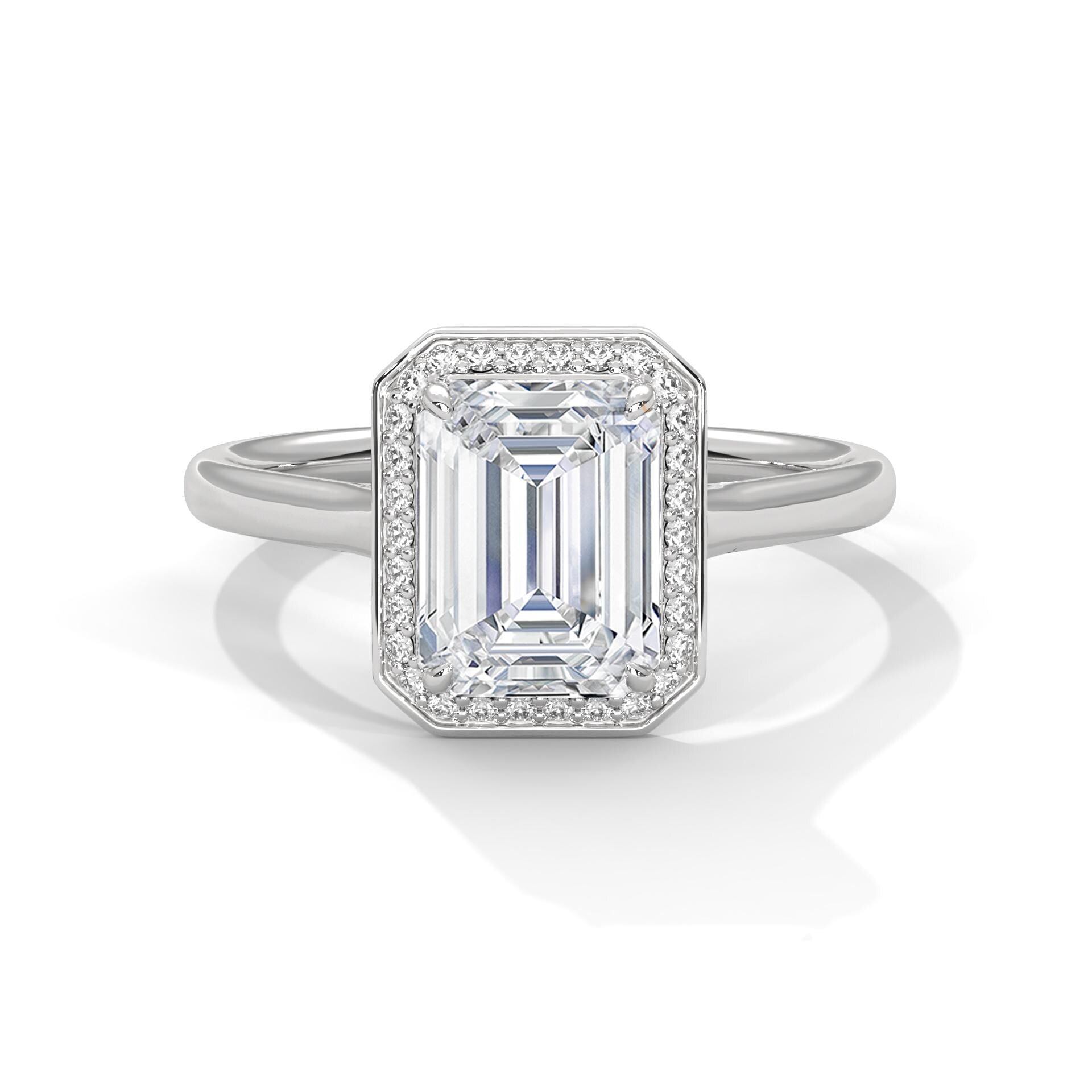 Emerald Cut Moissanite Halo Ring, Art Deco Sterling Silver Engagement Band