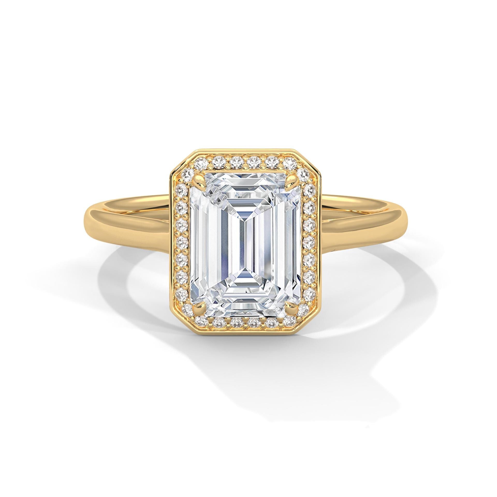 Emerald Cut Moissanite Halo Ring, Art Deco Sterling Silver Engagement Band