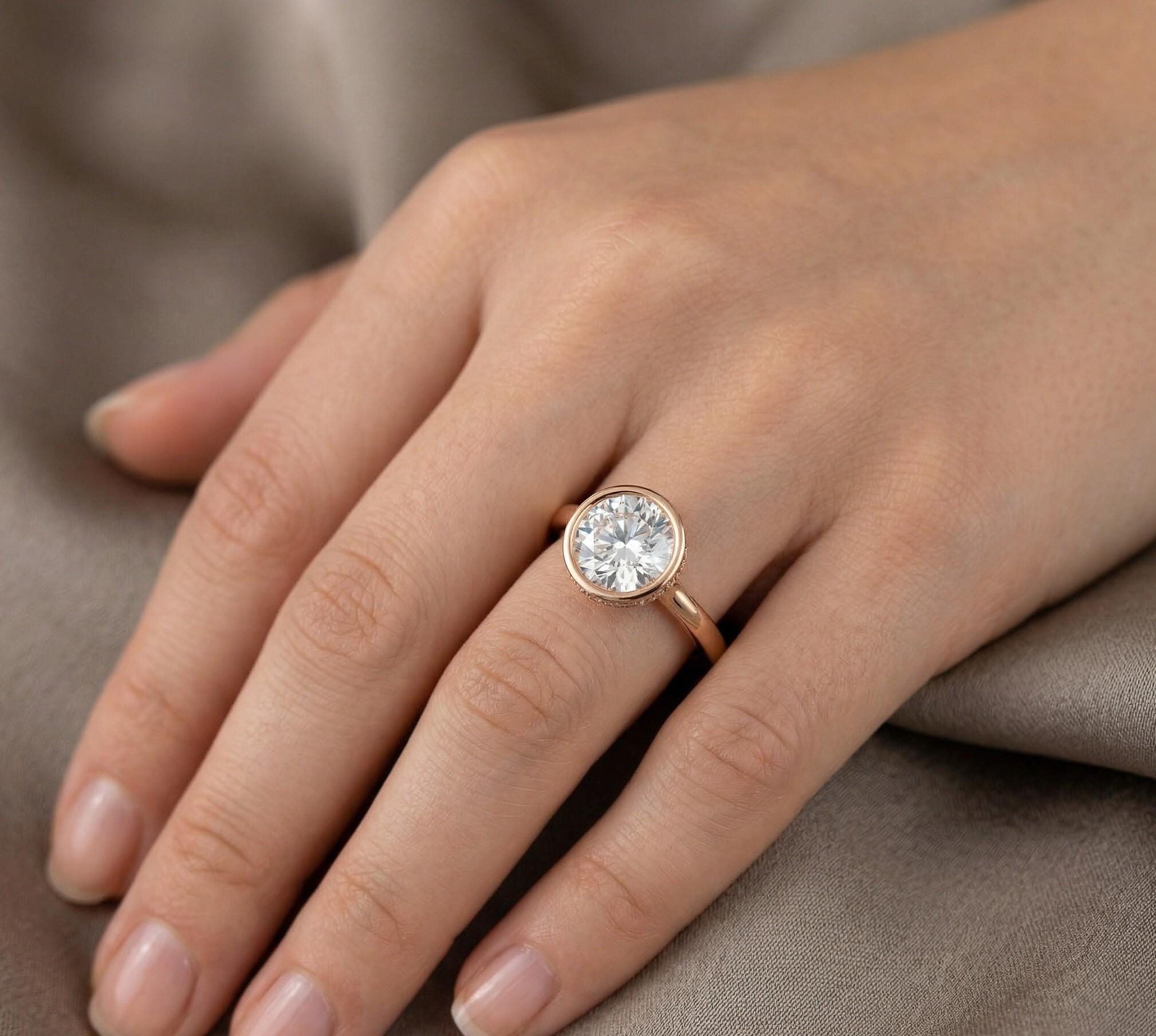 Bezel Set Moissanite Ring, Round Brilliant Cut, 925 Sterling Silver Solitaire Wedding Ring