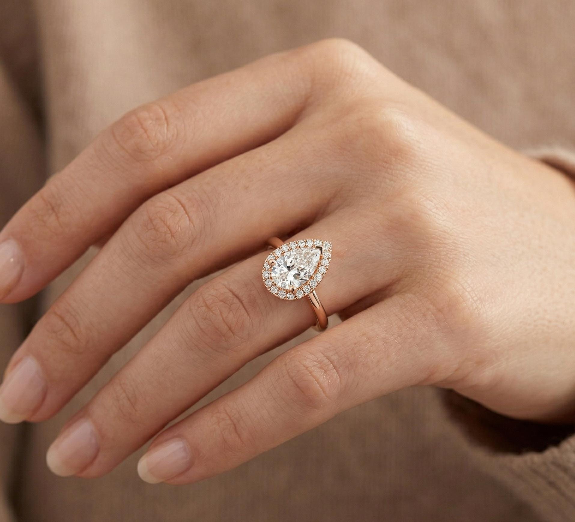 Pear Cut Moissanite Halo Ring, Sterling Silver, Art Deco Minimalist Engagement Ring