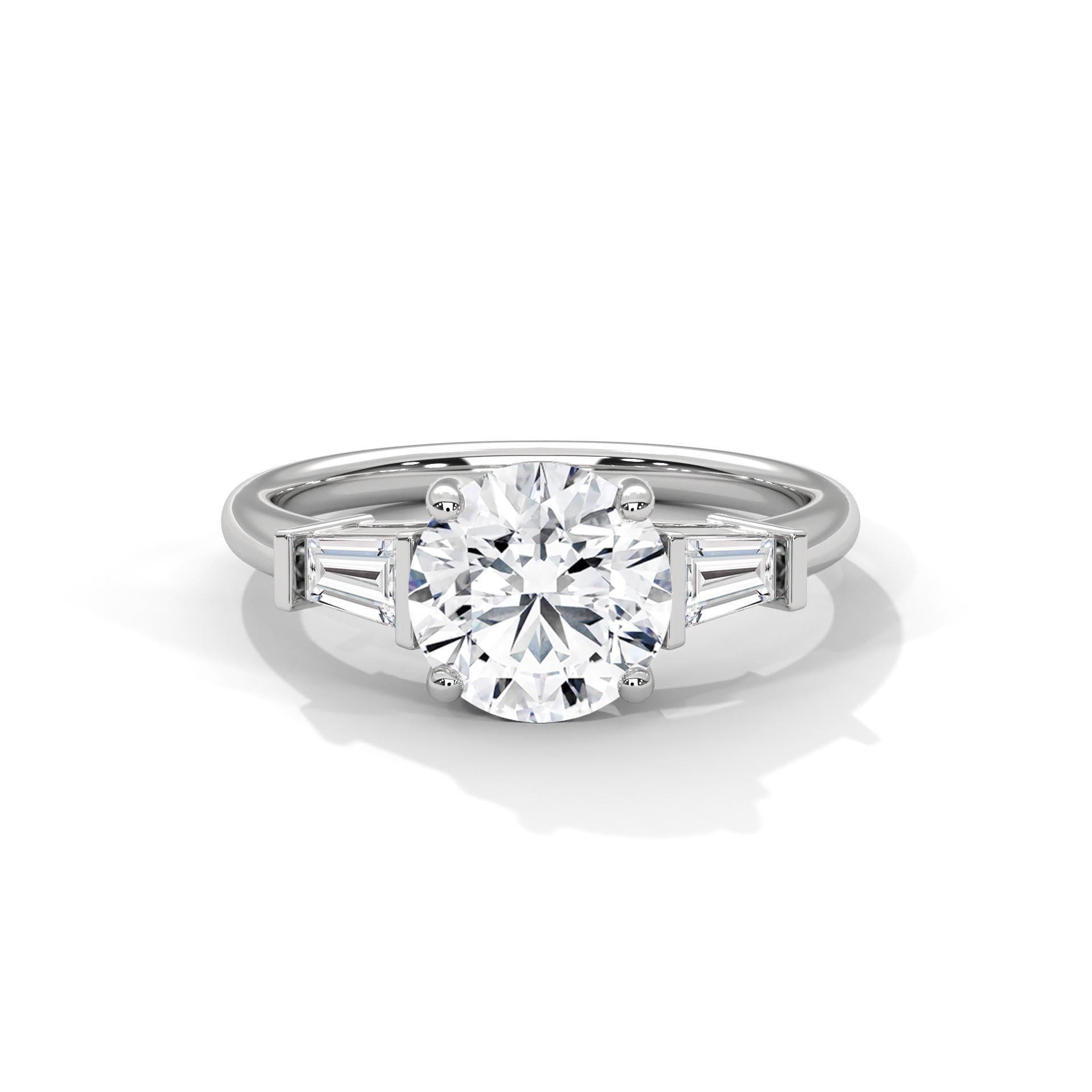 Tapered Baguette Round Moissanite Engagement Ring, 925 Sterling Silver Bridal Band