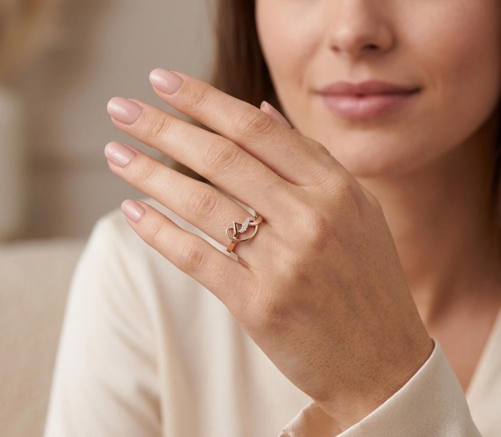 Stacking Initial Moissanite Ring – 925 Sterling Silver Abstract Swirl Dainty Minimalist Bridal Ring