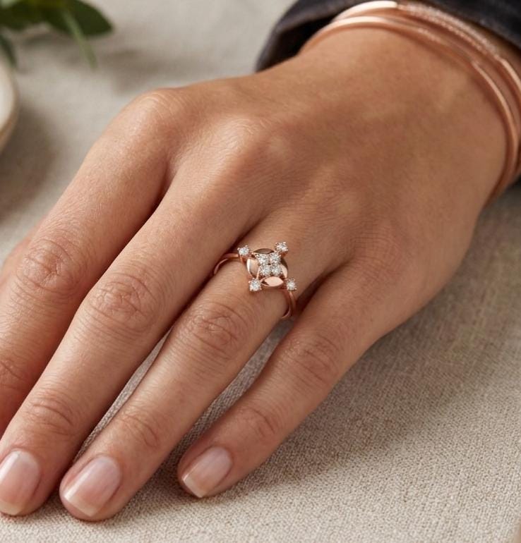 Victorian Style Moissanite Ring – Sterling Silver Geometric North Star Bridal Band