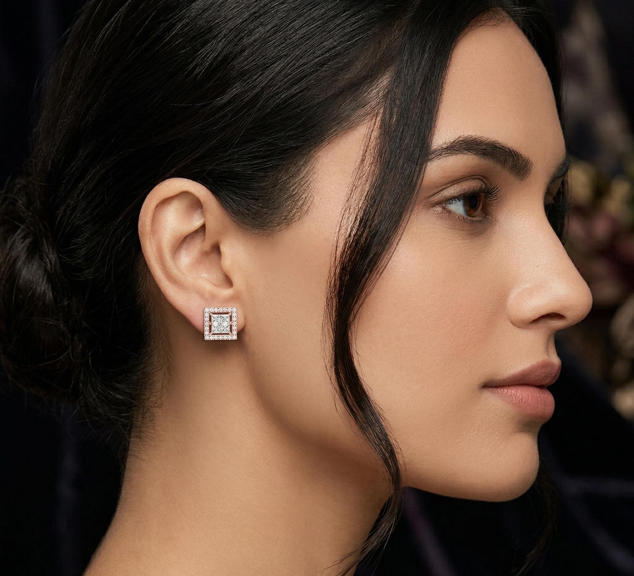 Princess Cut Moissanite Halo Stud Earrings, Sterling Silver Square Geometric Sparkle