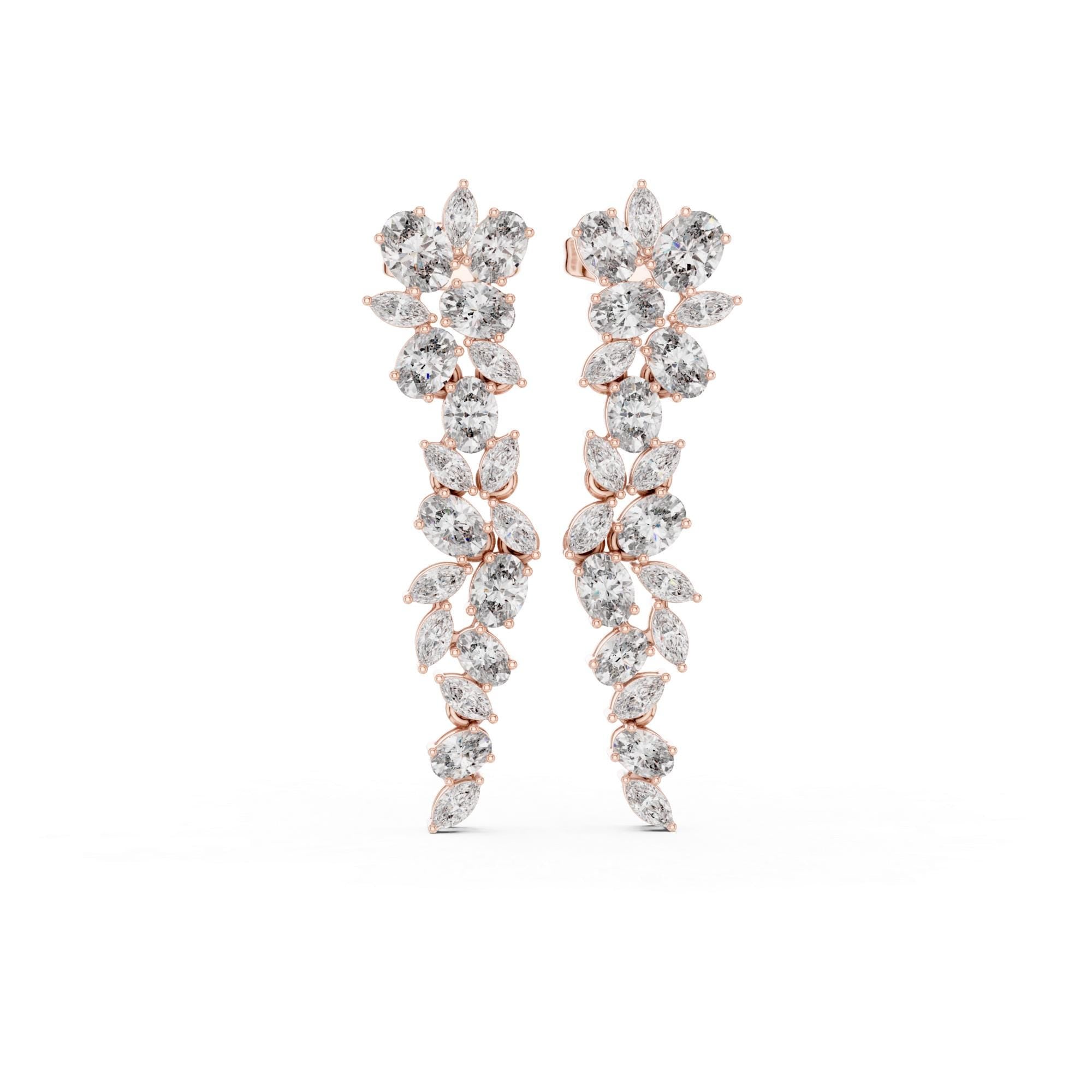 Art Deco Zircon Pear Marquise Vine Drop Earrings, Sterling Silver Bridal Statement